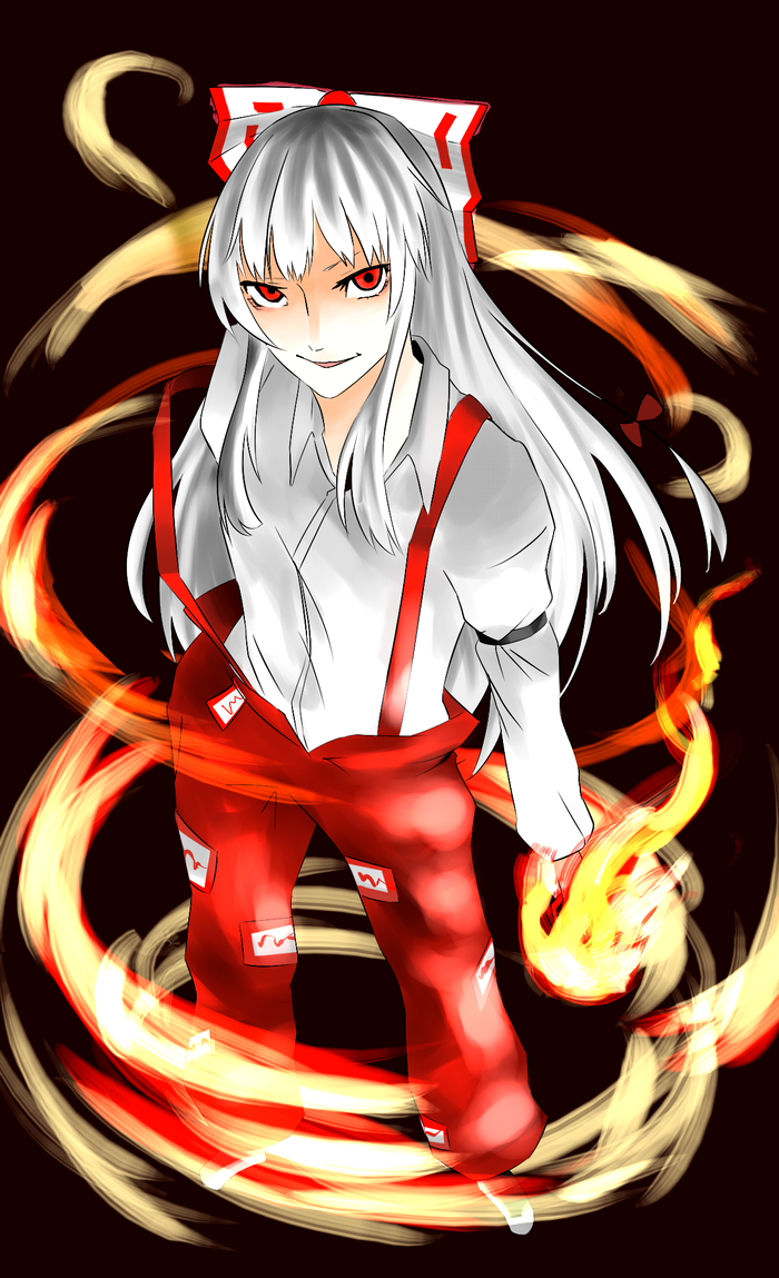 bad_id, bow, dark, don, don_no_shoushitsu, fire, fujiwara_no_mokou, hair_bow