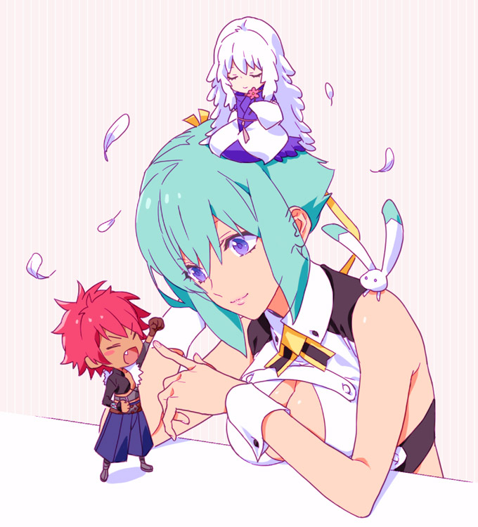 1girl, 2boys, animal, aquarion_(series), aquarion_evol, breast_press, breasts, cleavage