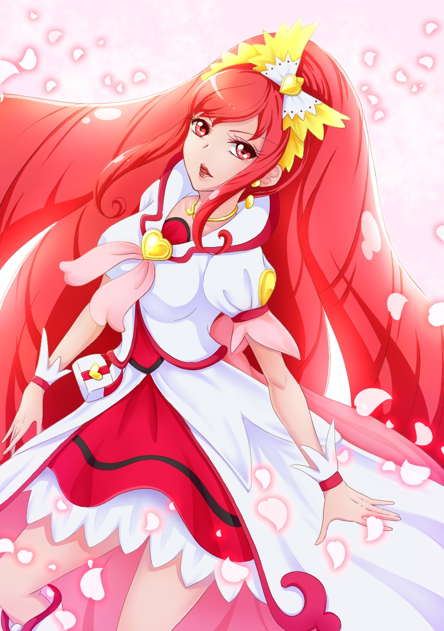 1girl, blush, boots, bow, breasts, brooch, choker, cure_ace
