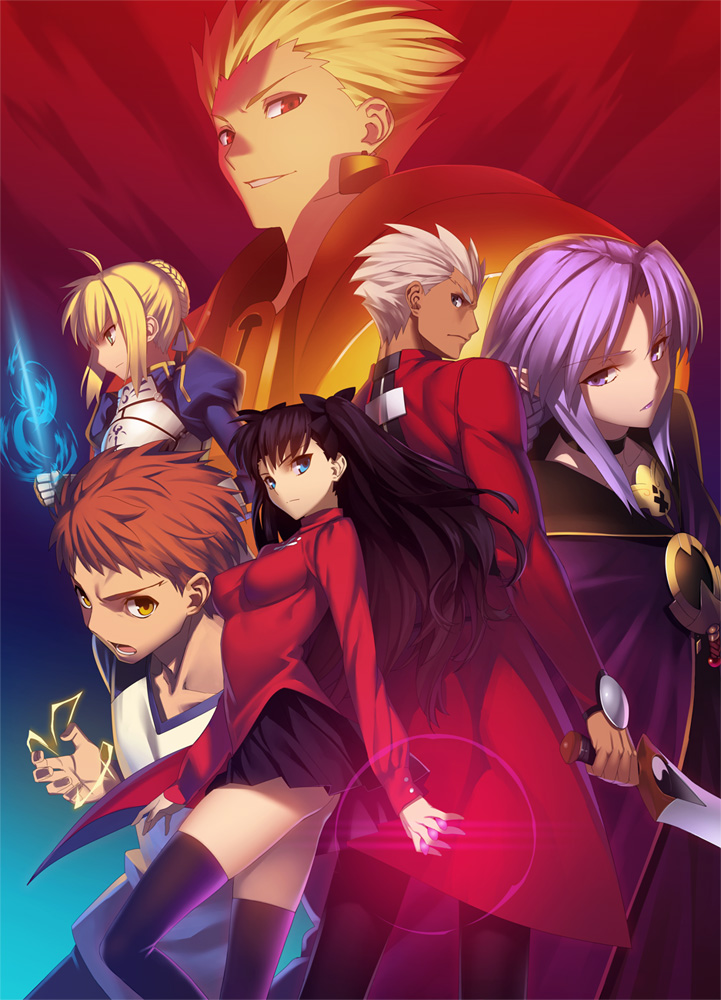 3boys, 3girls, archer, armor, between_fingers, black_legwear, blonde_hair, blue_hair, brown_hair, caster, dark_skin, earrings, electricity, emiya_shirou, excalibur, fate/stay_night, fate_(series), gem, gilgamesh, invisible_air, jewelry, kanshou_&amp;_bakuya, multiple_boys, multiple_girls, pointy_ears, red_eyes, saber, sword, thigh-highs, tohsaka_rin, toosaka_rin, weapon, white_hair, yangsion, yellow_eyes, zettai_ryouiki