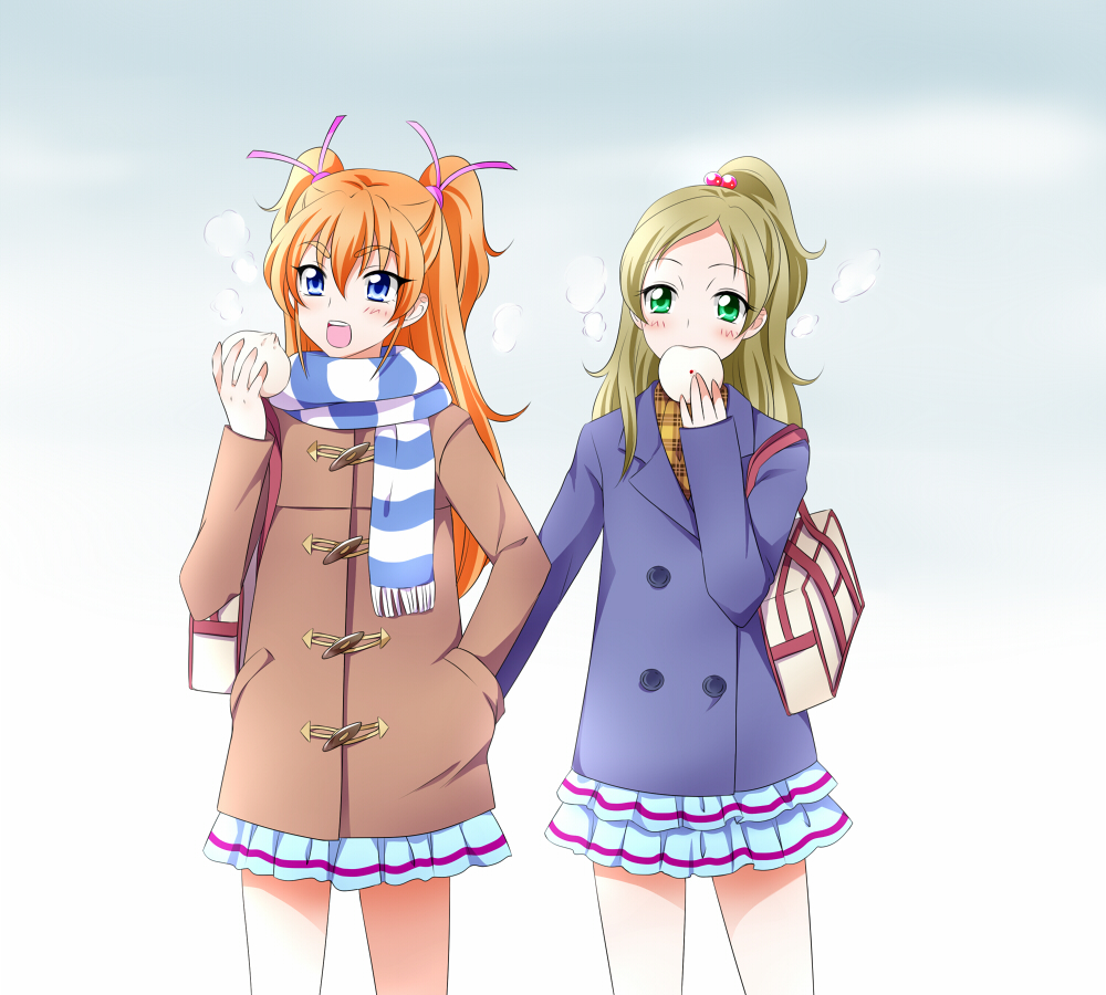 2girls, bag, blue_eyes, blush, cold, couple, eating, female, green_eyes, green_hair, hair_bun, half_updo, hands_in_pocket, holding_hands, houjou_hibiki, kagami_chihiro, long_hair, minamino_kanade, multiple_girls, open_mouth, orange_hair, precure, scarf, school_bag, school_uniform, shared_pocket, suite_precure, two_side_up, winter, winter_jacket, yuri