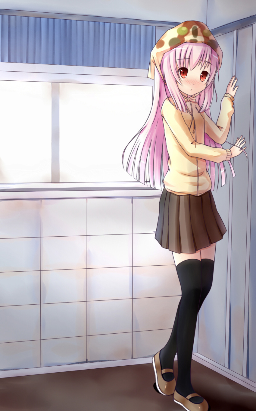 1girl, bandana, black_legwear, blush, cardigan, corner, highres, long_hair