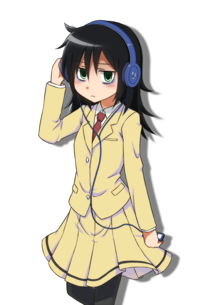 1girl, bags_under_eyes, black_hair, blush, green_eyes, hair_over_one_eye, kuroki_tomoko, long_hair