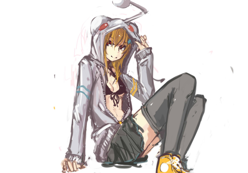 1girl, bikini_top, black_legwear, blonde_hair, converse, front-tie_bikini, hair_ornament, hairclip