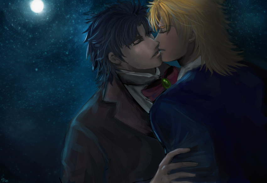 2boys, blonde_hair, blue_hair, cindyxce423, dio_brando, full_moon, highres, incipient_kiss
