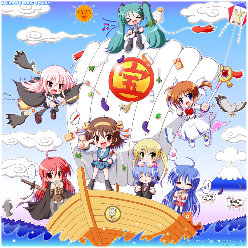 >_<, ahoge, ayasaki_hayate, bird, boat, bread, chibi, cow