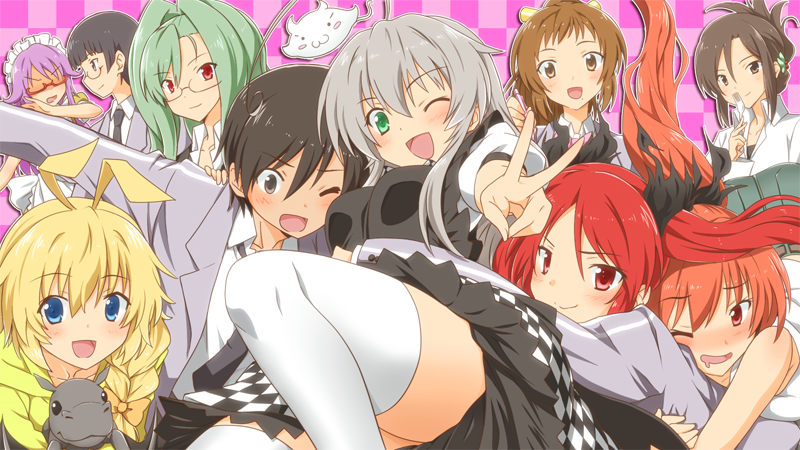 3boys, 6+girls, :3, ahoge, blonde_hair, blue_eyes, blush, blush_stickers