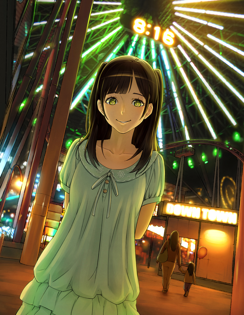 1girl, amusement_park, arms_behind_back, balloon, black_hair, clock, female, green_eyes