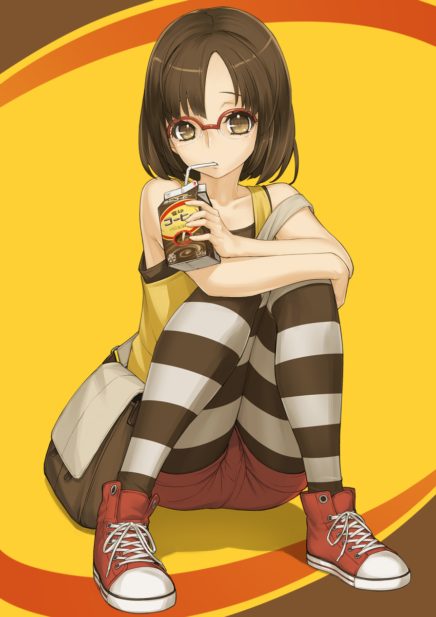 1girl, absurdres, brown_eyes, brown_hair, drink, glasses, highres, leg_hug, legwear_under_shorts, onigiri_jou, original, pantyhose, short_hair, shorts, solo, striped, striped_legwear