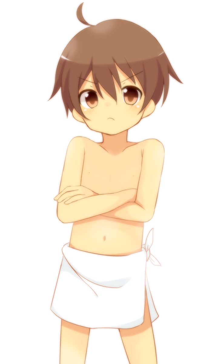 1boy, :<, ahoge, brown_eyes, brown_hair, highres, male, meranoreuka_(naokentak)