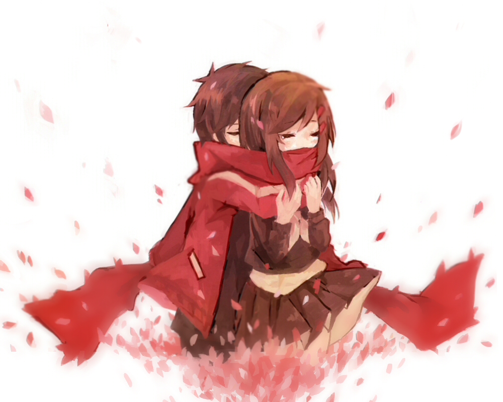 1boy, 1girl, ayano_(kagerou_project), brown_hair, closed_eyes, hair_ornament, hairclip, hug, hug_from_behind, jacket, kagerou_project, kisaragi_shintarou, long_hair, scarf, school_uniform, shared_scarf, shiro_kunugi, skirt, tears