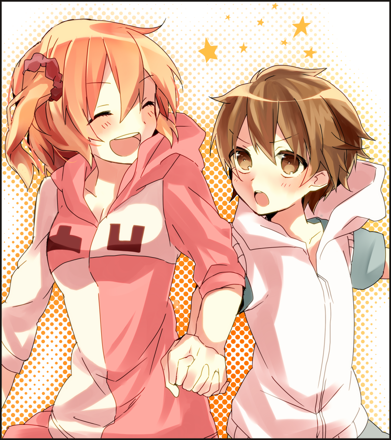 1boy, 1girl, blonde_hair, blush, brown_eyes, brown_hair, closed_eyes, hibiya_(kagerou_project)