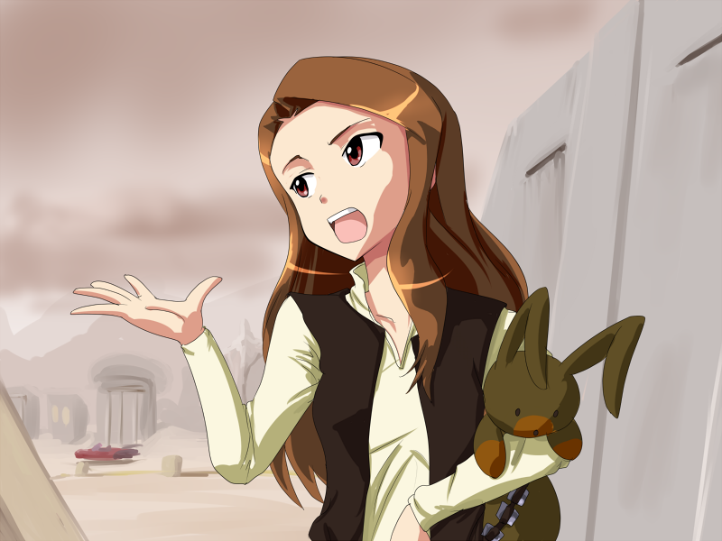 1girl, brown_eyes, brown_hair, canadawbd, cosplay, crossdressinging, crossover, han_solo