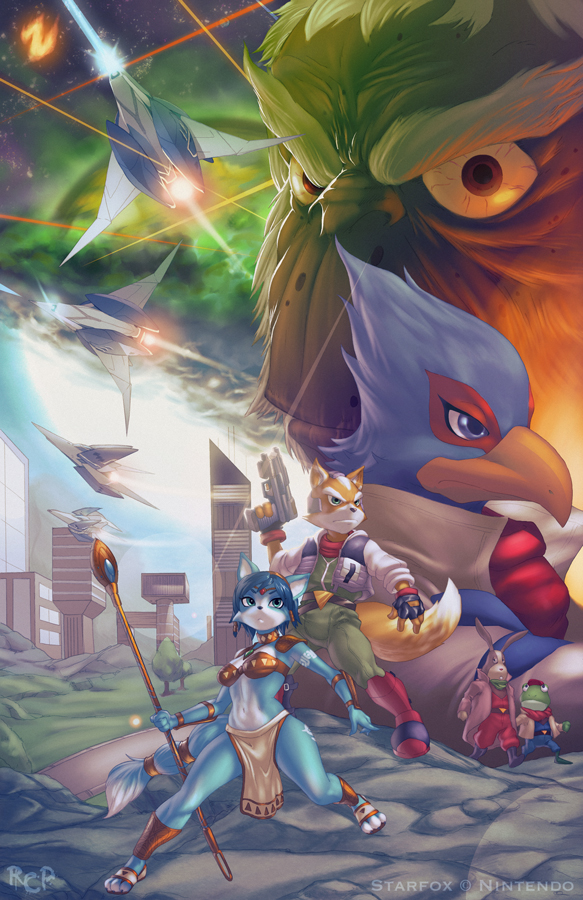 aerial_battle, andross, animal_ears, arwing, battle, beak, bikini_top, blue_eyes