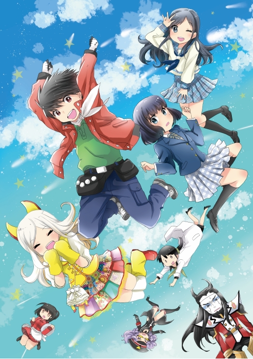 2boys, 6+girls, ^_^, aoyagi_mitsuki, apron, black_hair, blue_eyes, blue_sky