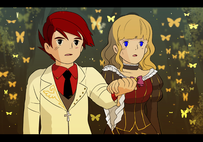 1girl, balus, beatrice, blonde_hair, blue_eyes, butterfly, choker, couple, dress, formal, ghibli, hand_holding, holding_hands, jacket, kazuki_(kazu-king), kazuki_(pixiv300776), letterboxed, long_hair, necktie, parody, red_hair, short_hair, studio_ghibli, style_parody, suit, tenkuu_no_shiro_laputa, umineko_no_naku_koro_ni, ushiromiya_battler