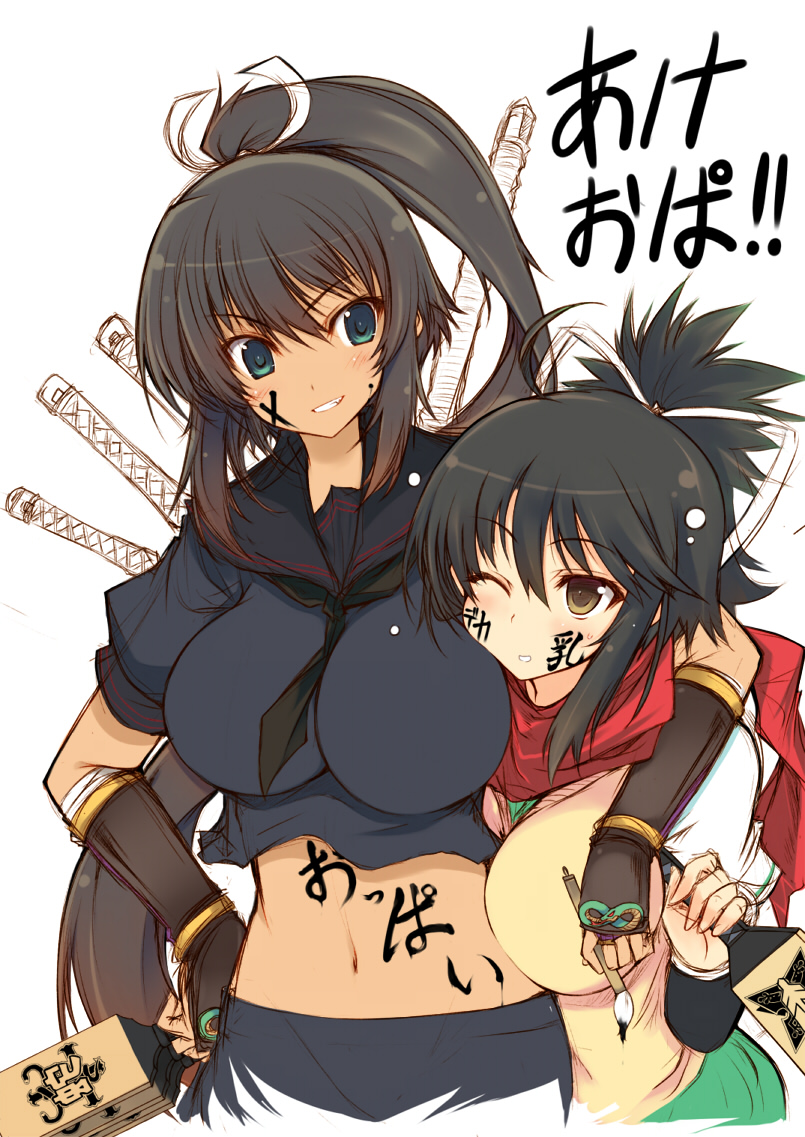 2girls, asuka_(senran_kagura), breasts, facepaint, hagoita, hanetsuki, homura_(senran_kagura), japanese_clothes