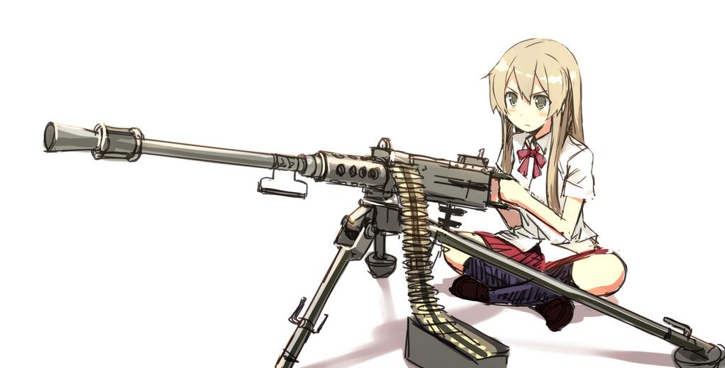 1girl, brown_eyes, brown_hair, browning_m2, gun, long_hair, orda, original