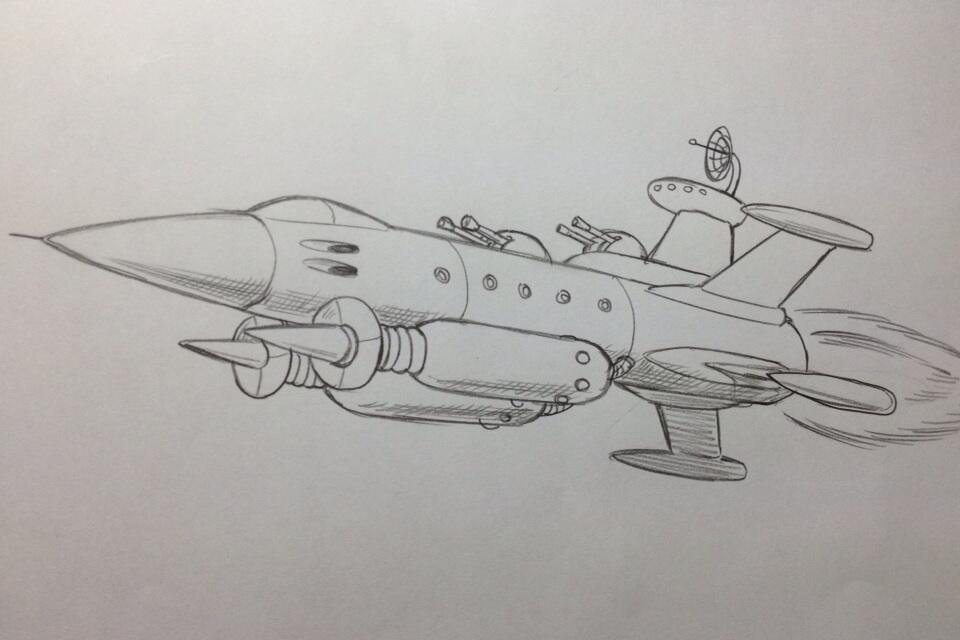 afterburner, alternate_form, andromeda_(uchuu_senkan_yamato), concept_art, gun, mecha, monochrome, nishikawa_shinji