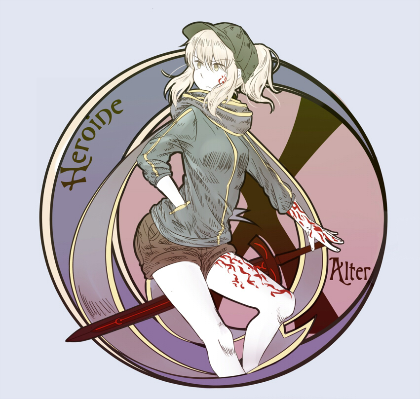 1girl, art_deco, baseball_cap, blonde_hair, cosplay, dark_excalibur, fate/stay_night, fate_(series)