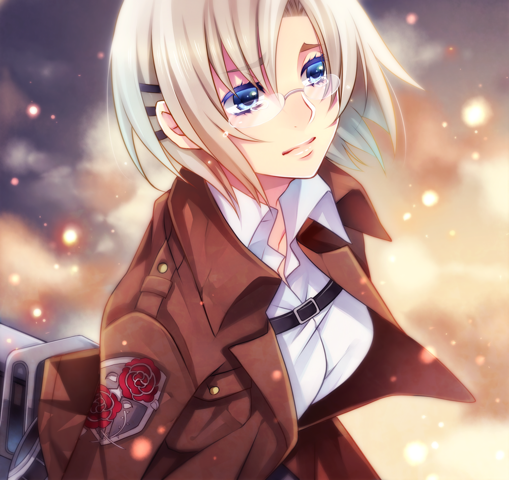 1girl, blonde_hair, blue_eyes, glasses, jacket, kuzukiri5, rico_brzenska, shingeki_no_kyojin