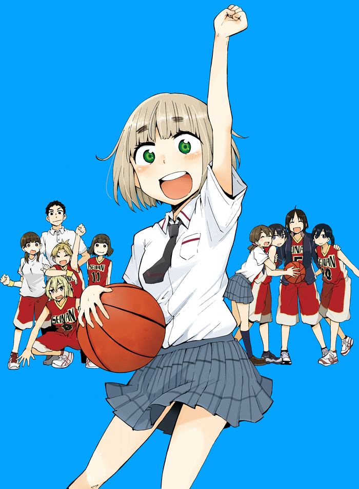 1boy, 6+girls, arm_up, b.b.girls, basketball, basketball_uniform, black_hair, blonde_hair