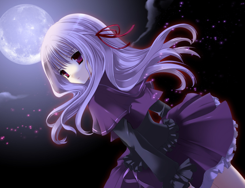 dress, gore_screaming_show, hair_ribbon, looking_back, moon, purple_hair, red_eyes, ribbon