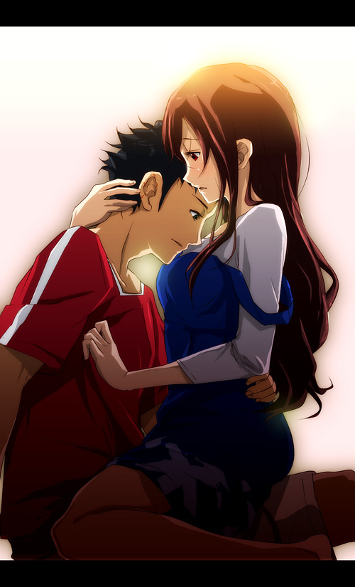 1boy, 1girl, 71, black_hair, blush, brown_hair, couple, hetero