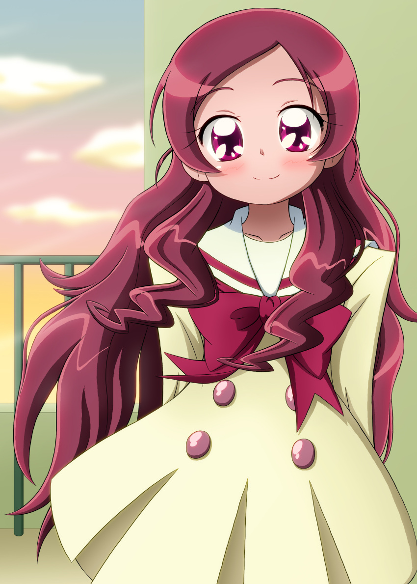 1girl, absurdres, alternate_hairstyle, clouds, dress, hanasaki_tsubomi, heartcatch_precure!, highres