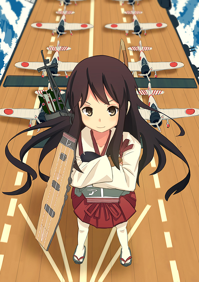 1girl, aichi_d3a, aircraft, aircraft_carrier, airplane, akagi_(kantai_collection), brown_eyes, brown_hair, crossed_arms, grin, hatomaru, japanese_clothes, kantai_collection, long_hair, looking_at_viewer, personification, ship, smile, water