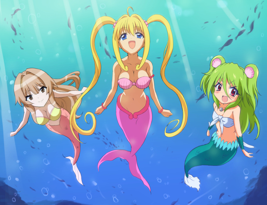 3girls, blonde_hair, blue_eyes, brown_eyes, brown_hair, crossover, fish_tail, green_hair