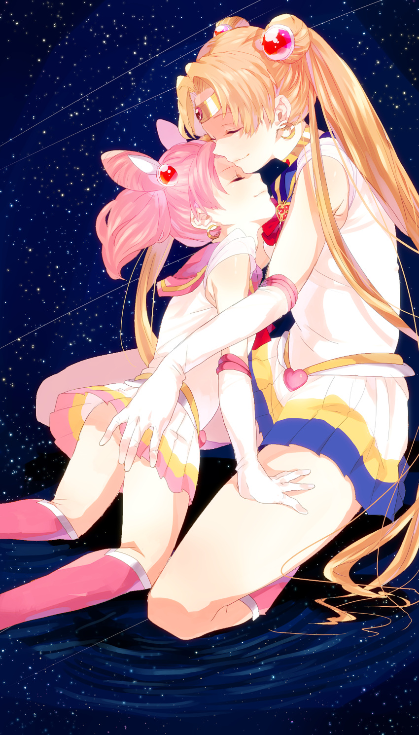 2girls, bishoujo_senshi_sailor_moon, blonde_hair, boots, brooch, chibi_usa, closed_eyes, cuddling