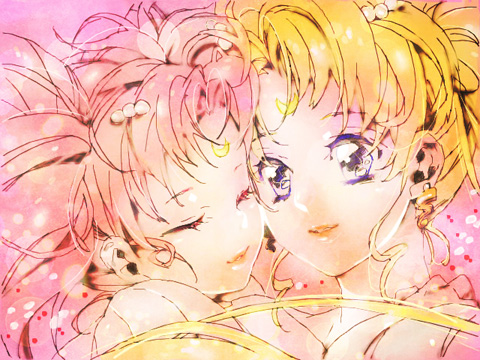 2girls, bishoujo_senshi_sailor_moon, blonde_hair, cheek-to-cheek, chibi_usa, closed_eyes, cuddling, earrings