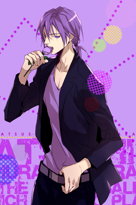 1boy, flower, hachini, kuroko_no_basuke, murasakibara_atsushi, ponytail, purple_hair, purple_rose
