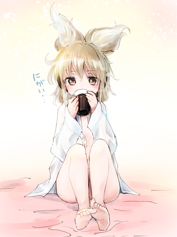 1girl, blonde_hair, blush, brown_eyes, cup, earmuffs, makuwauri, naked_shirt