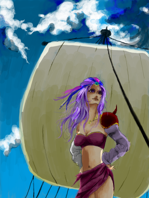 bandana, clouds, final_fantasy, final_fantasy_ii, leila, long_hair, midriff, navel