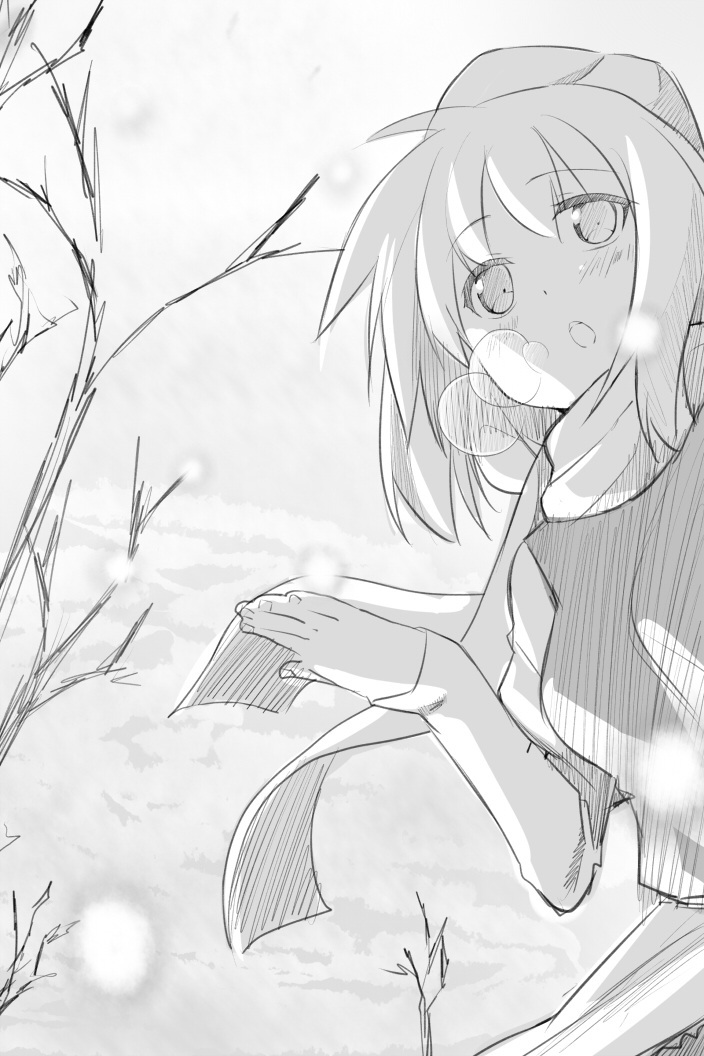 1girl, blush, letty_whiterock, monochrome, piiko_(aa_doushiyou), scarf, solo, touhou