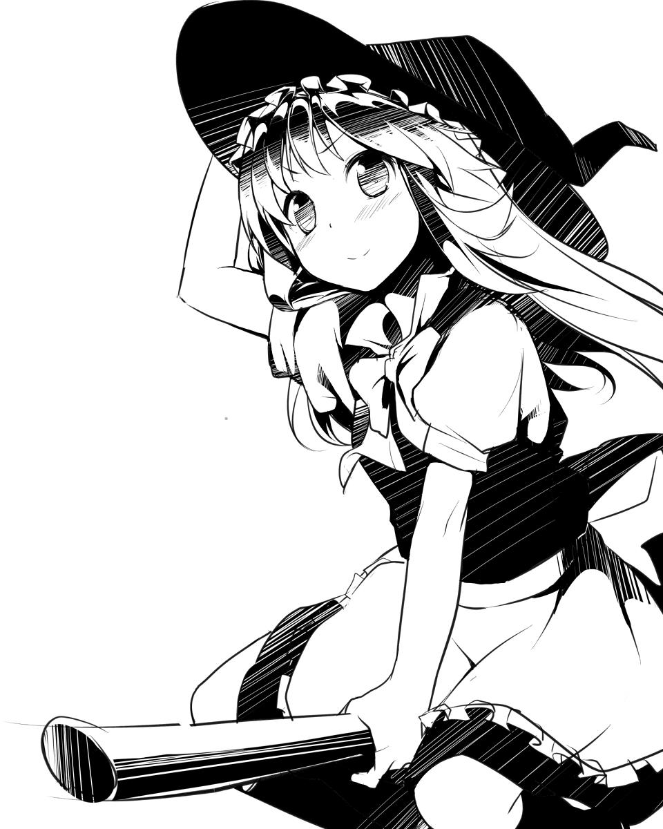 1girl, blush, broom, broom_riding, hand_on_hat, hat, highres, kirisame_marisa, long_hair, monochrome, piiko_(aa_doushiyou), simple_background, smile, solo, touhou, white_background, witch_hat