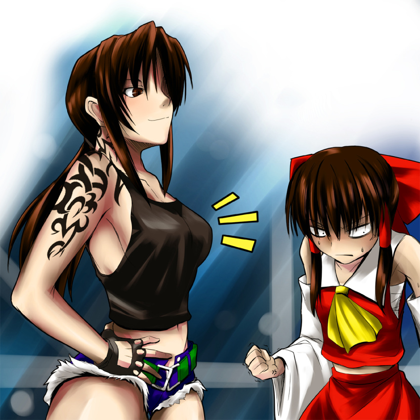 black_lagoon, breast_envy, copycat_(dryfood), copycat_(homura), crossover, hakurei_reimu, highres, revy, sarashi, smirk, tattoo, touhou