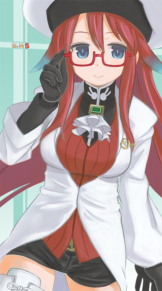 1girl, aty, blue_eyes, blush, breasts, glasses, hat, long_hair, mawaru_(mawaru), redhead, smile, solo, summon_night, summon_night_5, thigh-highs, very_long_hair