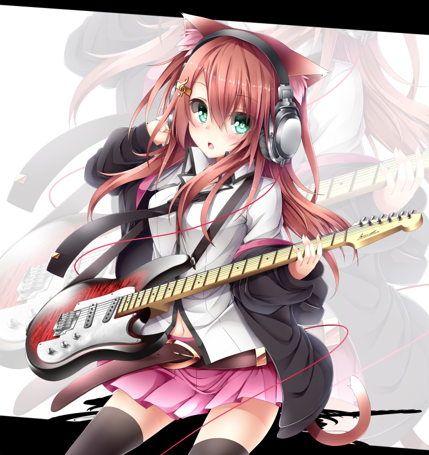 1girl, absurdres, animal_ears, belt, black_legwear, brown_hair, cat_ears, cat_tail, chabaneko, green_eyes, guitar, hair_between_eyes, hair_ornament, headphones, highres, instrument, long_hair, navel, open_mouth, original, skirt, solo, tail, thigh-highs, yonari_phone_neon, zoom_layer