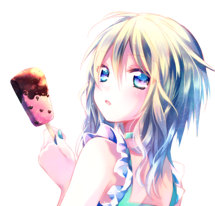 1girl, blonde_hair, blue_eyes, blue_hair, food, gradient_hair, ice_cream, looking_back