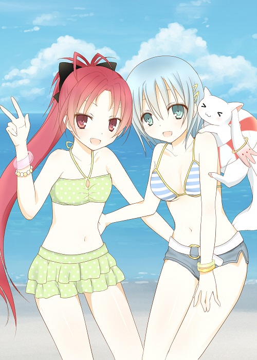 >_<, 2girls, antenna_hair, beach, bikini, bikini_top, blue_eyes, blue_hair