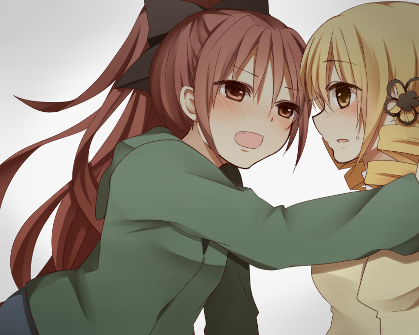 2girls, black_hair, blush, bust, drill_hair, fang, hair_ornament, hair_ribbon