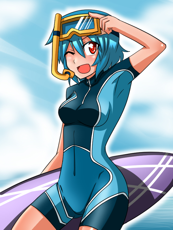 1girl, ;d, alternate_costume, blue_hair, bodysuit, breasts, diving_mask, katsumi5o