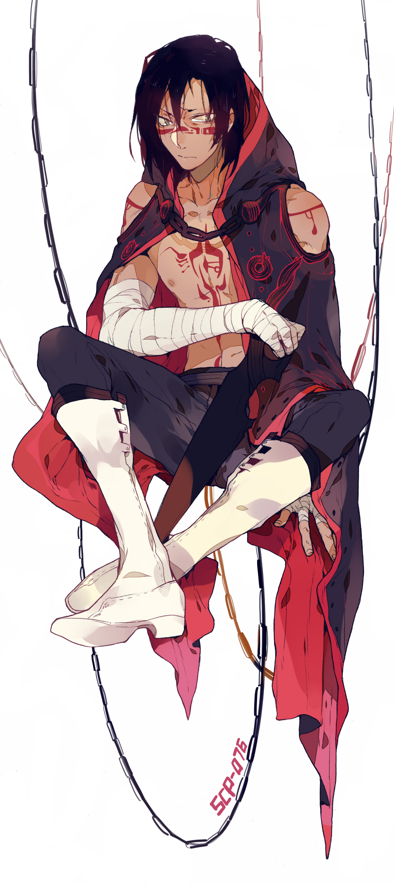 1boy, bandages, bare_shoulders, black_hair, boots, chain, dark_skin, highres