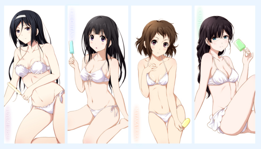 4girls, bikini, black_hair, blue_eyes, brown_hair, chitanda_eru, hyouka, ibara_mayaka, irisu_fuyumi, juumonji_kaho, long_hair, multiple_girls, popsicle, shian_(my_lonly_life.), short_hair, swimsuit, violet_eyes