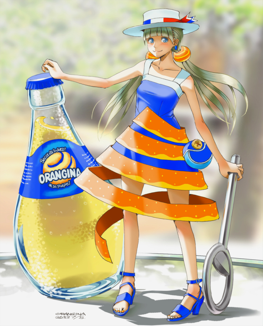 1girl, bag, blonde_hair, blue_eyes, blush, bottle, bottle_opener, dress