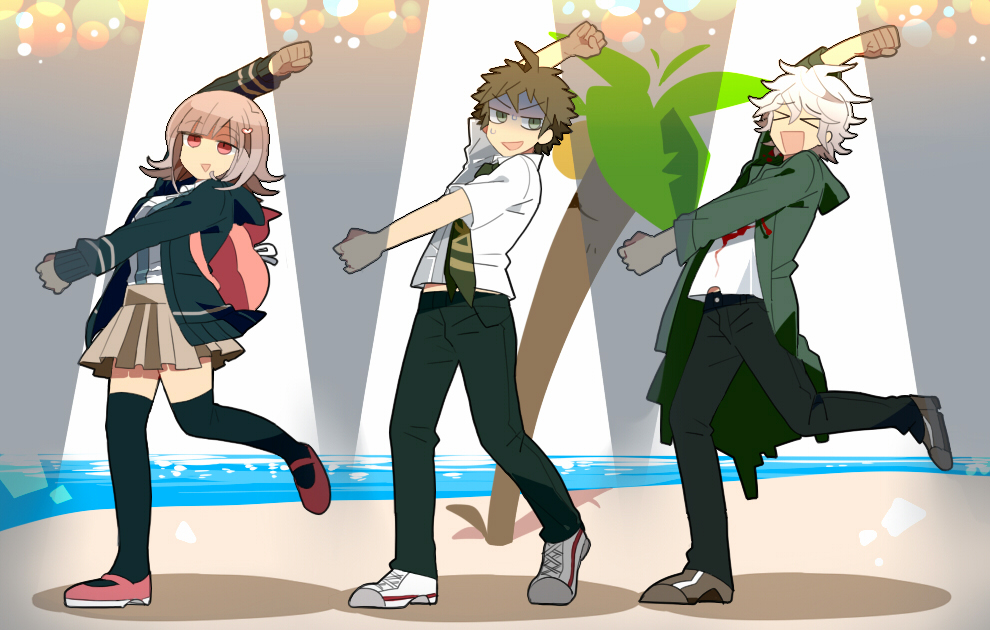 >_<, 1boy, 1girl, beach, brown_hair, dancing, dangan_ronpa, hinata_hajime