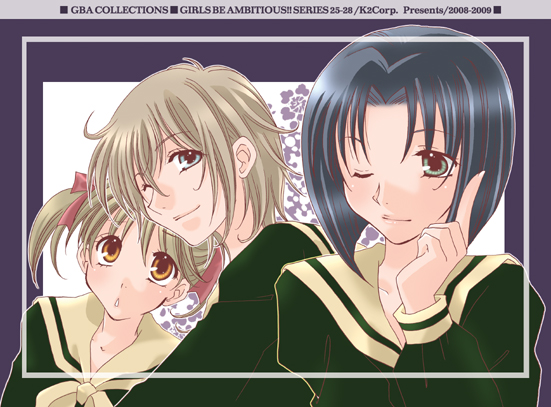 2008, 2009, 3girls, :<, black_hair, blonde_hair, bob_cut, cover